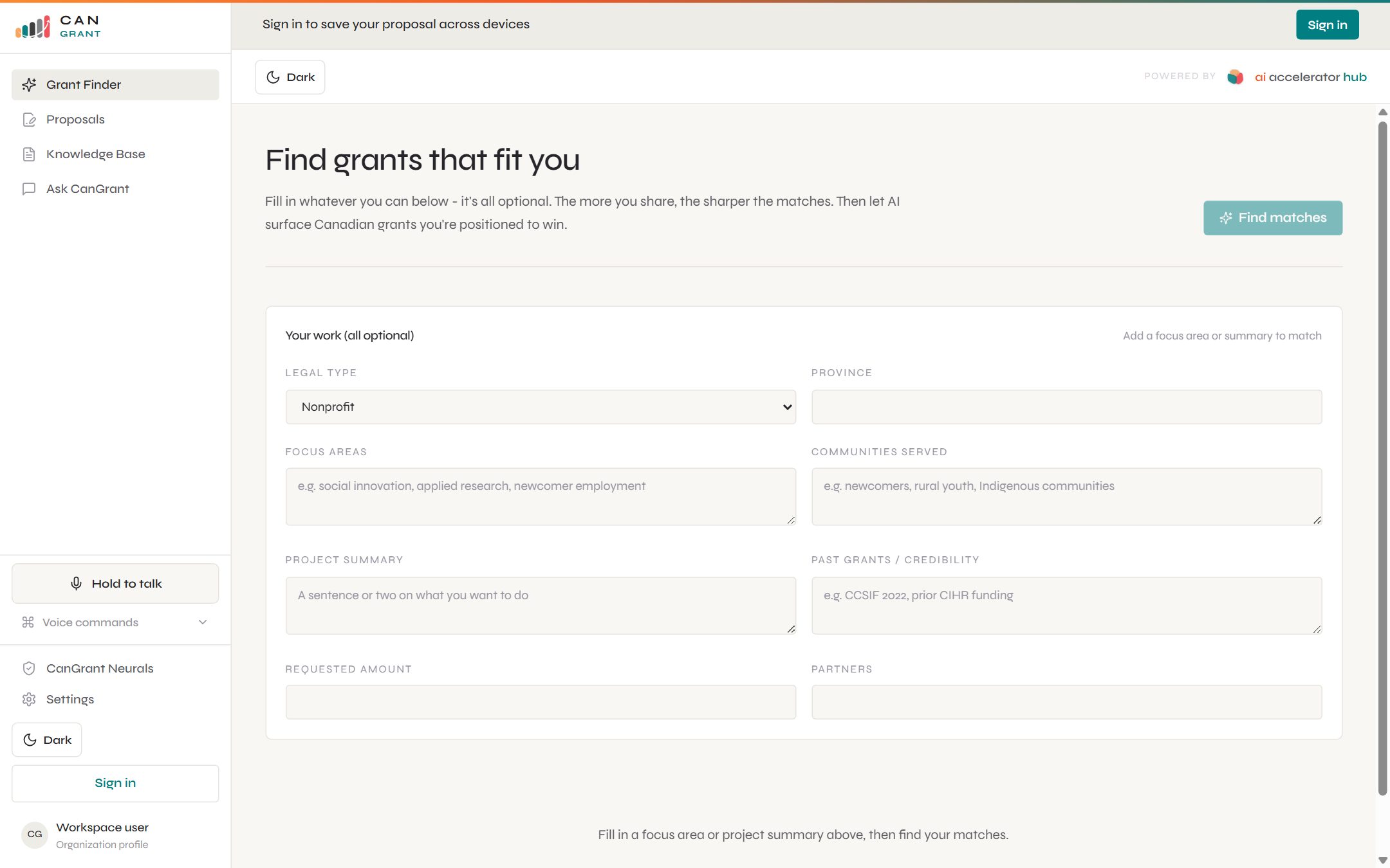 CanGrant grant finder: a form capturing legal type, province, focus areas, communities served, project summary and past grants, with a Find matches action.