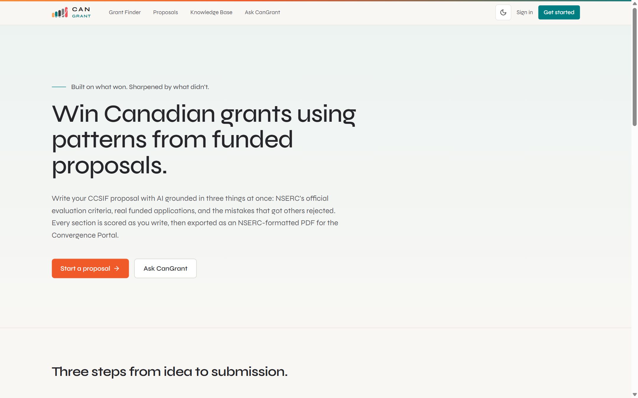 CanGrant home page: the headline reads Win Canadian grants using patterns from funded proposals, with Start a proposal and Ask CanGrant actions.