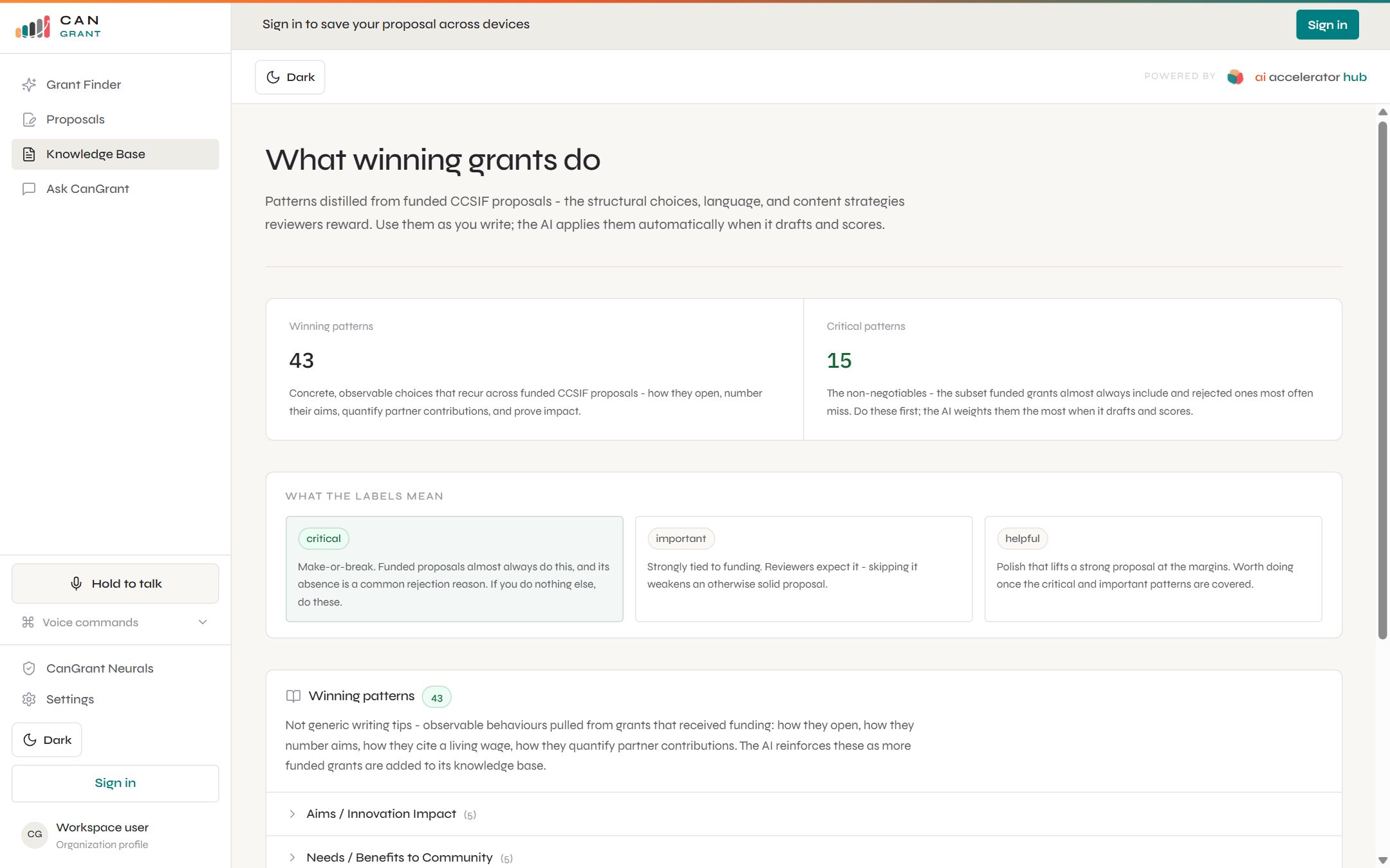 CanGrant knowledge base: 43 winning patterns and 15 critical patterns distilled from funded CCSIF proposals, labelled critical, important and helpful.