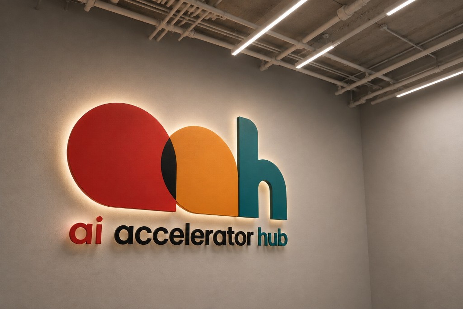 Backlit ai accelerator hub wall mark in the Algonquin College studio, with the brand lockup and rocks logo under exposed ceiling services
