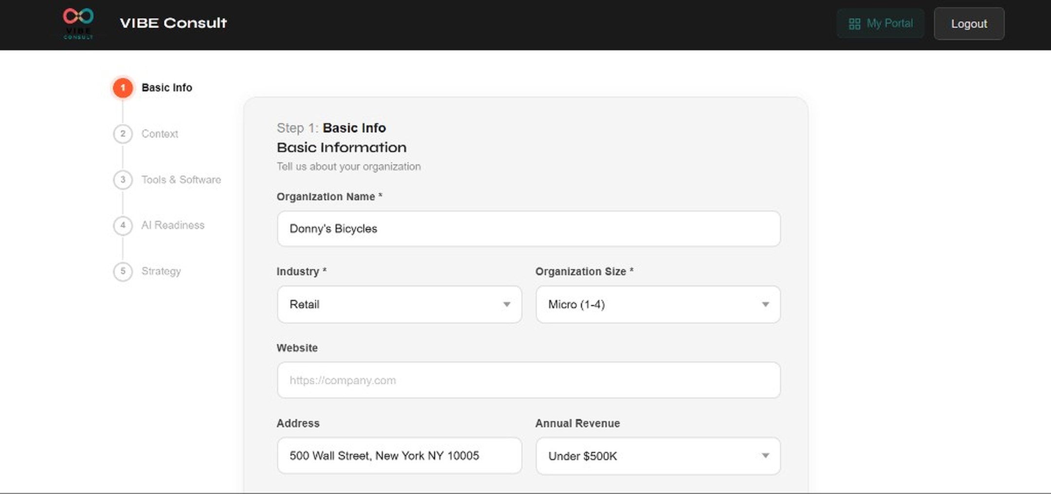 Vibe Consult intake form Step 1 Basic Info: organization name, industry, size, website, address and annual revenue fields.