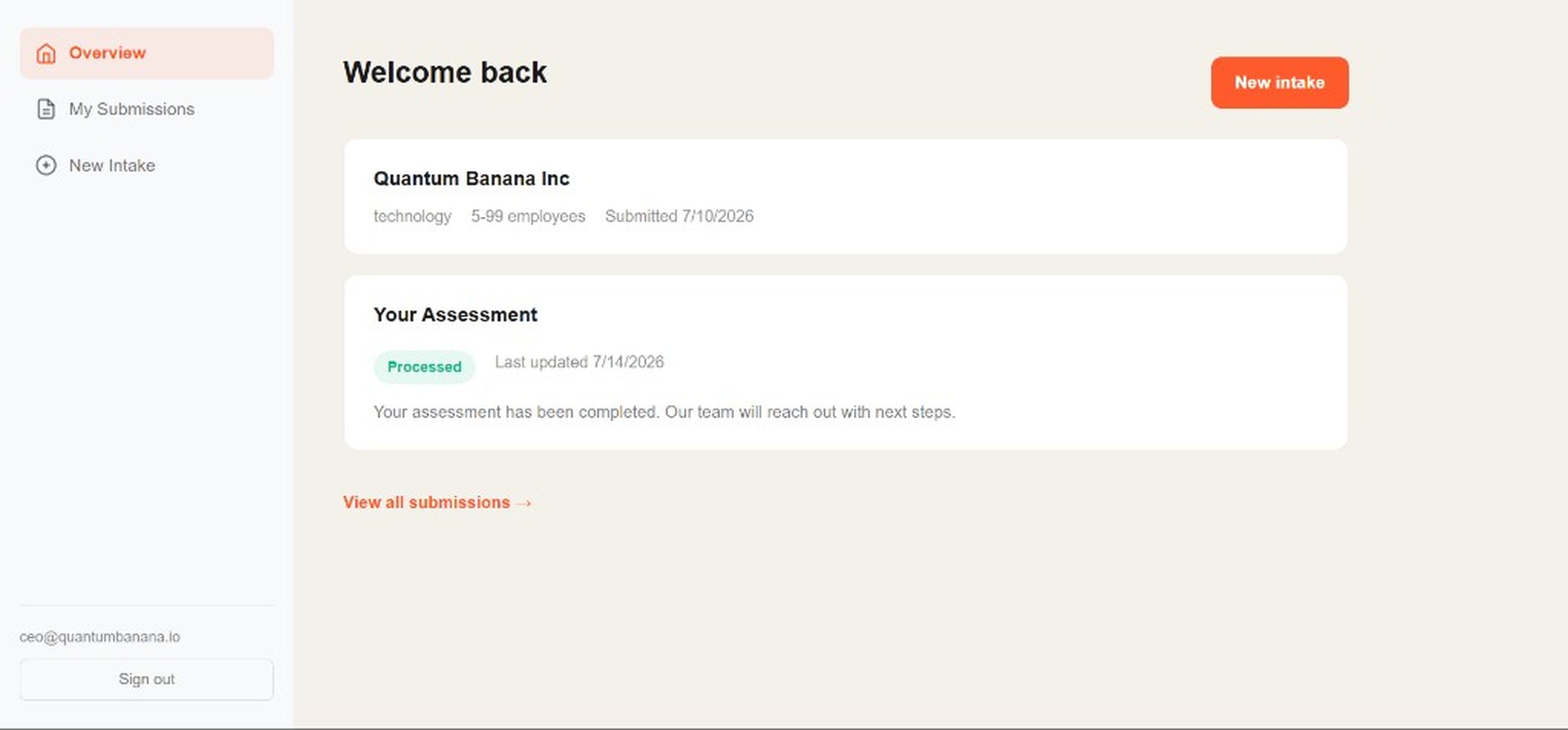 Vibe Consult portal overview: Welcome back with organization summary for Quantum Banana Inc and a Processed assessment status card.