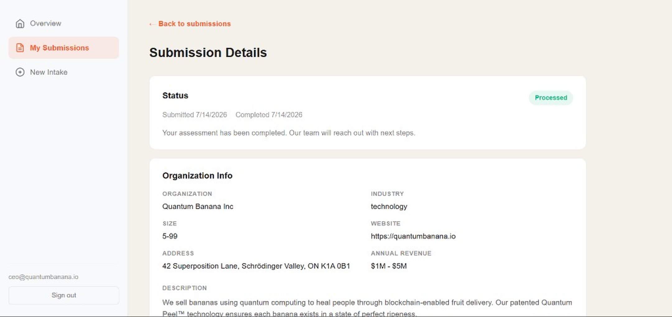 Vibe Consult submission details: Processed status with submitted and completed dates, plus organization info for Quantum Banana Inc.