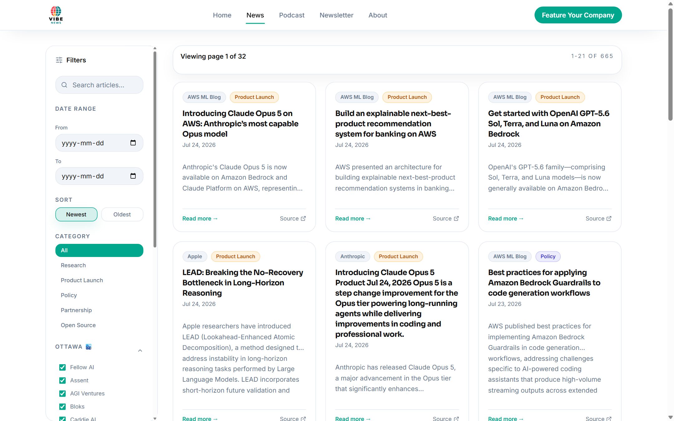 VibeNews archive: 665 articles across 32 pages, with search, date range, sort, category filters and a list of tracked Ottawa companies.