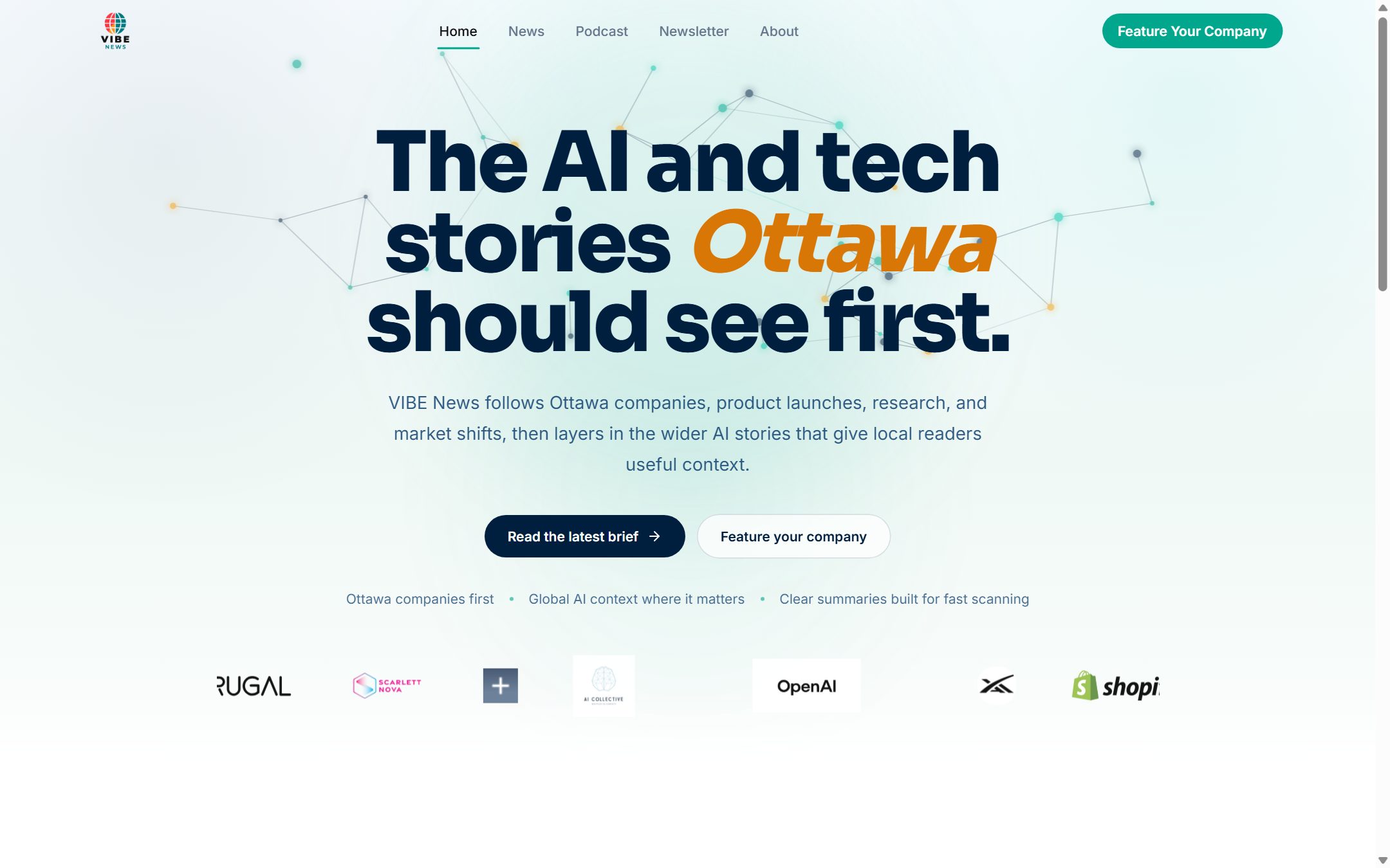VibeNews home page: the headline reads The AI and tech stories Ottawa should see first, above a row of covered organisations including OpenAI and Shopify.